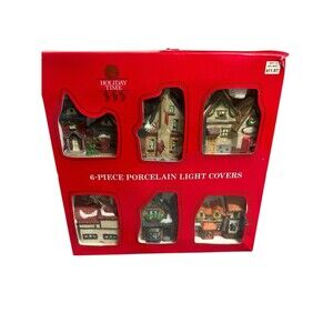 Vintage Porcelain Christmas Light Covers Houses Church Village With Box